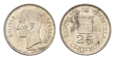 Венесуэла 25 сентимо 1989 Симон Боливар Y 50a сталь плакированная никелем 4643-827