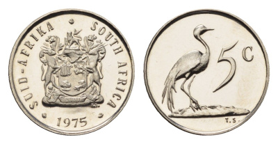 ЮАР 5 центов 1975 герб, райский журавль KM 84 никель PROOF 4690-957