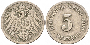 ГЕРМАНИЯ 5 ПФЕННИГОВ 1900 J, KM 11, J. 12 медно-никель 73-162