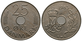 ДАНИЯ 25 ЭРЕ 1983 R; B, МАРГРЕТЕ II (1972-) KM 861.3 медно-никель UNC 84-531