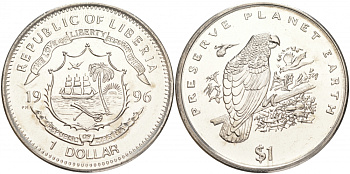 Либерия 1 доллар 1996 серия сохраним наш мир, попугай Жако KM 222 медно-никель UNC M26-20