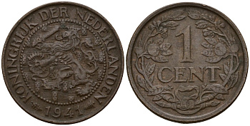 Нидерланды 1 цент 1941 Вильгельмина I (1890-1948) KM 152 бронза 4154-922