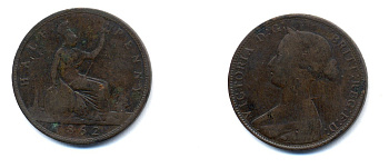 Великобритания 1/2 пенни 1862 Виктория (1837-1901) KM 748.2, Spink 3956 бронза 51-1621