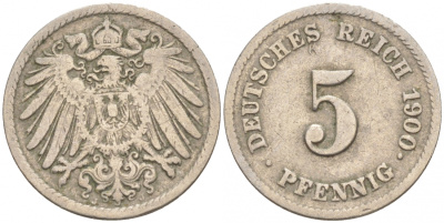 ГЕРМАНИЯ 5 ПФЕННИГОВ 1900 J, KM 11, J. 12 медно-никель 73-162