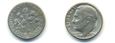 США 10 ЦЕНТОВ = 1 ДАЙМ 1976 D, РУЗВЕЛЬТ KM 195а медь плакированная медно-никелем 89-533