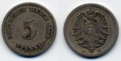 ГЕРМАНИЯ 5 ПФЕННИГОВ 1888 A, СТАРОГЕРБОВКА KM 3, J. 3 медно-никель 51-4918