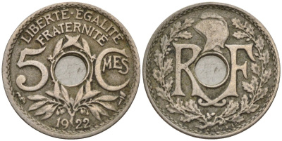 Франция 5 сантимов 1922 KM 875 медно-никель 4596-452