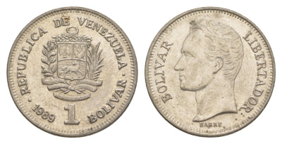 Венесуэла 1 боливар 1989 Симон Боливар, тонкий шрифт Y 52a.1 сталь плакированная никелем 4589-947