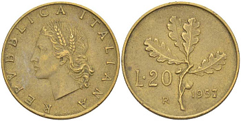 ИТАЛИЯ 20 ЛИР 1957 R, ДУБОВЫЙ ЛИСТ KM 97.1 алюминиевая бронза 113-1245