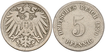 Германия 5 пфеннигов 1890 F J.12  KM 11 медно-никель    4598-1014