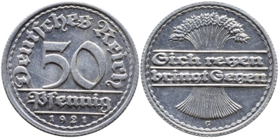 ГЕРМАНИЯ 50 ПФЕННИГОВ 1921 G KM 27, J. 301 алюминий 4390-851