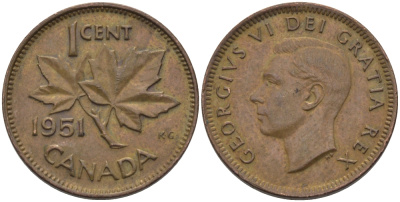 Канада 1 цент 1951 Георг VI (1937-1952), кленовый лист KM 41 бронза 96-1268