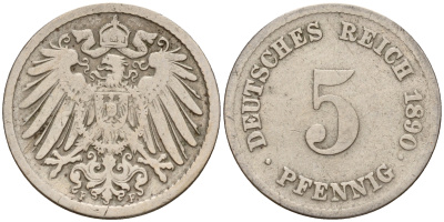 Германия 5 пфеннигов 1890 F J.12  KM 11 медно-никель    4598-1014
