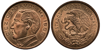 МЕКСИКА 10 СЕНТАВО 1966 KM 433 бронза XF-UNC 4391-836