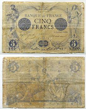 Франция 5 франков 1873 знак зодиака лев Pick 60 бумага 451-431-2