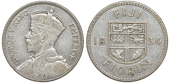 Фиджи 1 флорин 1934 Георг V (1910-1936), герб Фиджи KM 5 серебро    91-1136