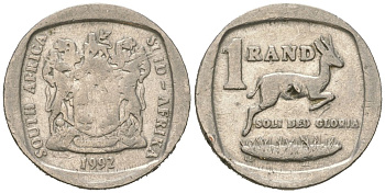 ЮАР 1 ранд 1992 KM 138 медь плакированная медно-никелем 4611-527