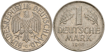 ФРГ 1 марка 1968 G KM 110, J. 385 медно-никель 4159-1111