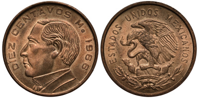 МЕКСИКА 10 СЕНТАВО 1966 KM 433 бронза XF-UNC 4391-836