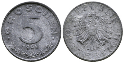 АВСТРИЯ 5 ГРОШЕЙ 1968 KM 2875 цинк 57-1117