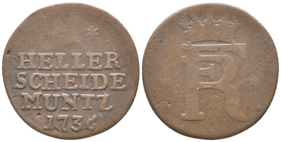 Гессен-Кассель 1 геллер 1736 KM 401 медь 100-956