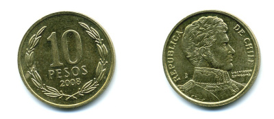ЧИЛИ 10 ПЕСО 2008 ГЕНЕРАЛ БЕРНАРДО О ХИГГИНС KM 228.2 никель-бронза 37-267