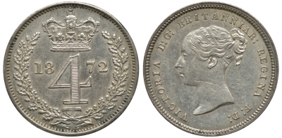Великобритания 4 пенса 1872 Виктория (1837-1901) KM 732, Spink 3917 серебро 1523-1221