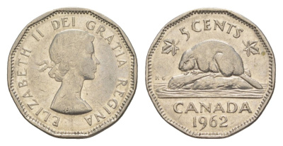 Канада 5 центов 1962 Елизавета II (1952-2022), бобр KM 50a никель 4630-668