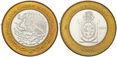 Мексика 100 песо 2004 180 лет Федерации - Оахака KM 740 биметалл, серебро BU 00-1067-9-24