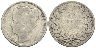Нидерланды 25 центов 1906 Вильгельмина (1890-1948) KM 120.2 серебро 4609-758