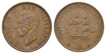 ЮАР 1 пенни 1943 Георг VI (1936-1952) KM 25 бронза 4123-823