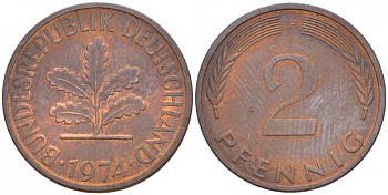 ФРГ 2 ПФЕННИГА 1974 F KM 106а, J. 381а сталь плакированная сталь плакированная медьюю 4547-1153