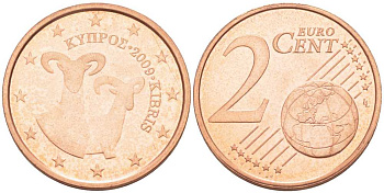 КИПР 2 ЕВРОЦЕНТА 2009 ДВА МУФЛОНА KM 79 сталь плакированная медью UNC 100-348
