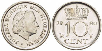 Нидерланды 10 центов 1980 Юлиана (1949-1980) KM 182 никель 3457-1129