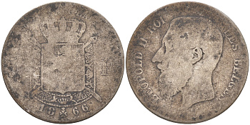 БЕЛЬГИЯ 1 ФРАНК 1866 ЛЕОПОЛЬД II (1865-1909), BELGES KM 28.1 серебро 4114-953