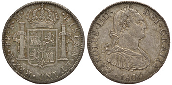 Мексика 4 реала 1800 FM, монетный двор (Мехико Сити), Карл IV Испанский (1788-1808), красивая золотистая патина, KM 100 серебро 00-802-11