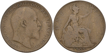 Великобритания 1 пенни 1909 Эдуард VII (1901-1910) KM 794.2, Sp 3990 бронза 4144-743