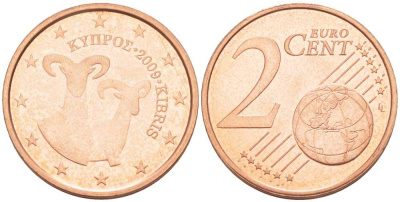 КИПР 2 ЕВРОЦЕНТА 2009 ДВА МУФЛОНА KM 79 сталь плакированная медью UNC 100-348