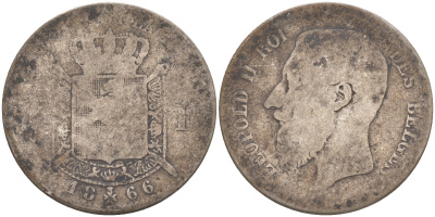БЕЛЬГИЯ 1 ФРАНК 1866 ЛЕОПОЛЬД II (1865-1909), BELGES KM 28.1 серебро 4114-953