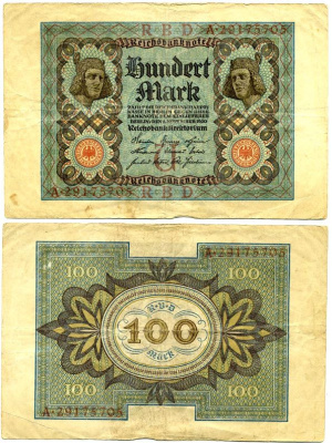 Германия 100 марок 1920 Бамбергский всадник, 8 цифр в номере, серия A, буква U Pick 69 b, Розенберг 69b бумага 8617-38-1-2