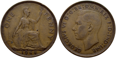 Великобритания 1 пенни 1944 Георг VI (1936-1952) KM 845, Spink 4114 бронза 540-513