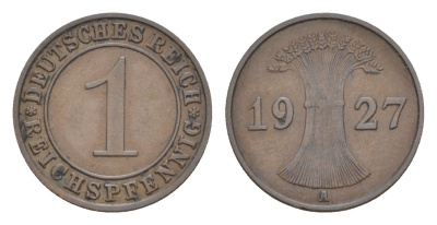 Германия 1 рейхспфенниг 1927 A KM 37, J. 313 бронза 4644-1036