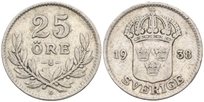 Швеция 25 эре 1938 G, Густав V (1907-1950) KM 785 серебро 4147-944