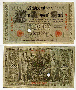 Германия 1000 марок 1910 красная печать, 7 значный номер Pick 44 b  бумага   8610-34-1-2