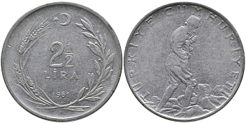 ТУРЦИЯ 2 1/2 ЛИРЫ 1961 KM 893.1 нержавеющая сталь 29-1026