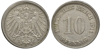 ГЕРМАНИЯ 10 ПФЕННИГОВ 1911 А, БРАК, СМЕШЕНИЕ KM 12, J. 13, Weege 8 медно-никель 1518-1545