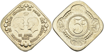 Нидерланды жетон 1980 коронация королевы Беатрикс, 30 апреля 1980, Беатрикс и принц Клаус медно-никель UNC 4586-725