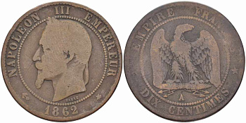 ФРАНЦИЯ 10 САНТИМОВ 1862 A, НАПОЛЕОН III (1852-1870) KM 798.1, LE FRANC 134.5 бронза 4394-726