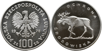 Польша 100 злотых 1978 MW, серия охрана окружающей среды, лось KM 93, Parchimowicz 281 серебро PROOF 441-525