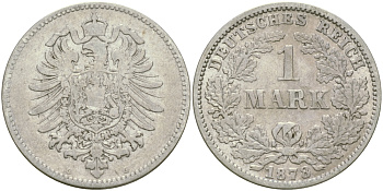 Германия 1 марка 1878 G Weege 17, J. 9, KM 7 серебро 65-127